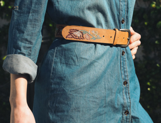 Flower Embroidered Statement Belt in Camel