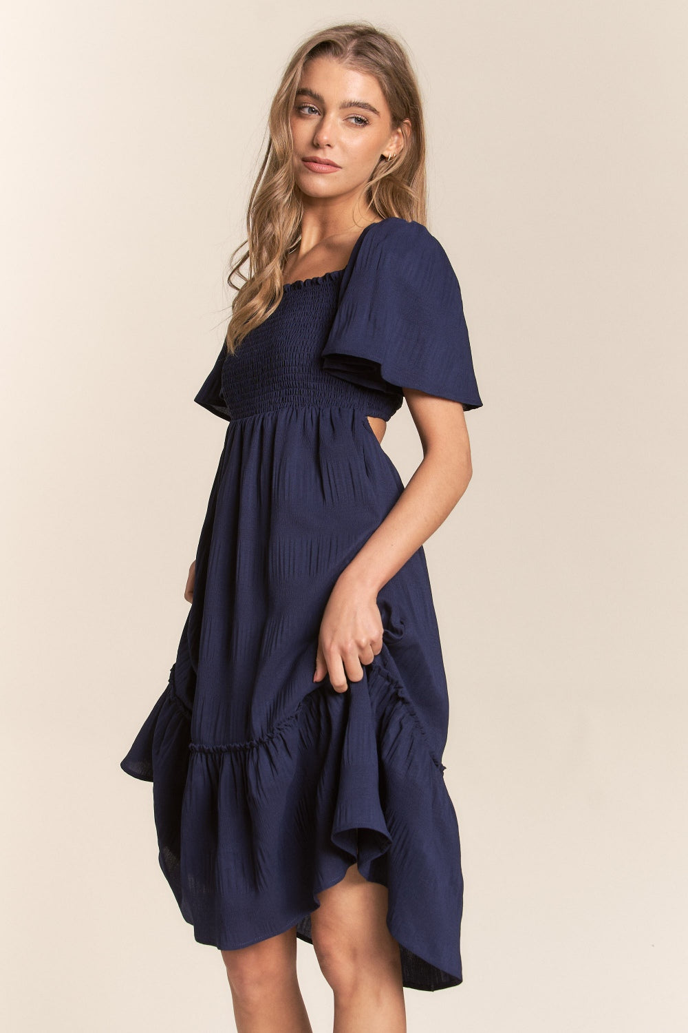 J.NNA Smocked Bow Back Ruffle Hem Dress